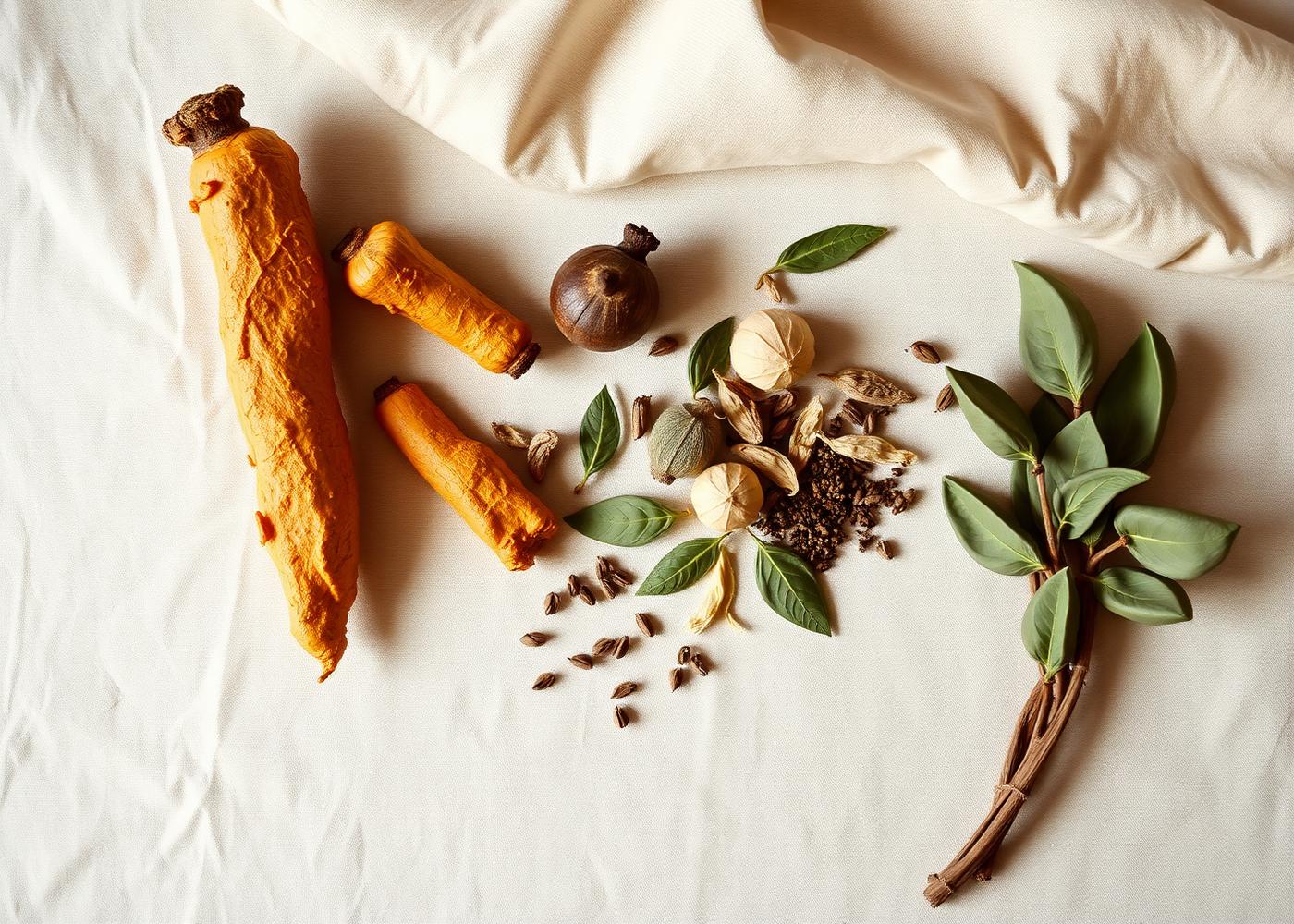 Raw ayurvedic herbs including turmeric root and tulsi leaves on linen